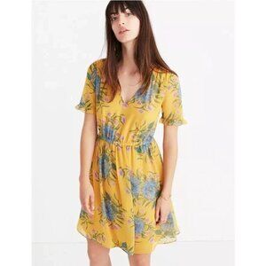 Madewell Dress Womens 4 Sweetgrass Yellow Painted Blooms Ruffle Sleeve Blouson